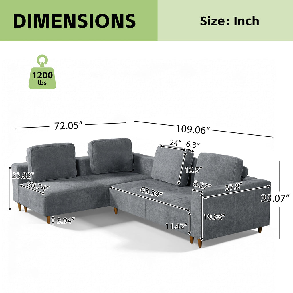 2-Piece 109" L-Shape Convertible Sectional Sofa with Wood Leg
