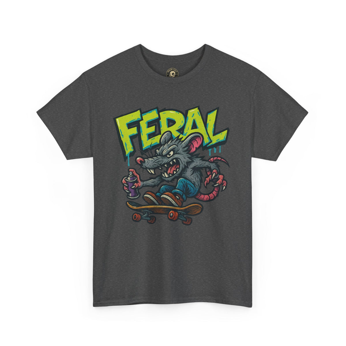 FERAL Graffiti Rat Skate Tee – Street Art Spray Can Mouse on Skateboard | Gildan 5000 Heavy Cotton Shirt