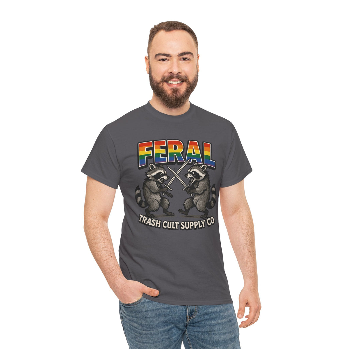FERAL Rainbow Raccoon Sword Fighting Graphic Tee – Gildan 5000 Heavy Cotton