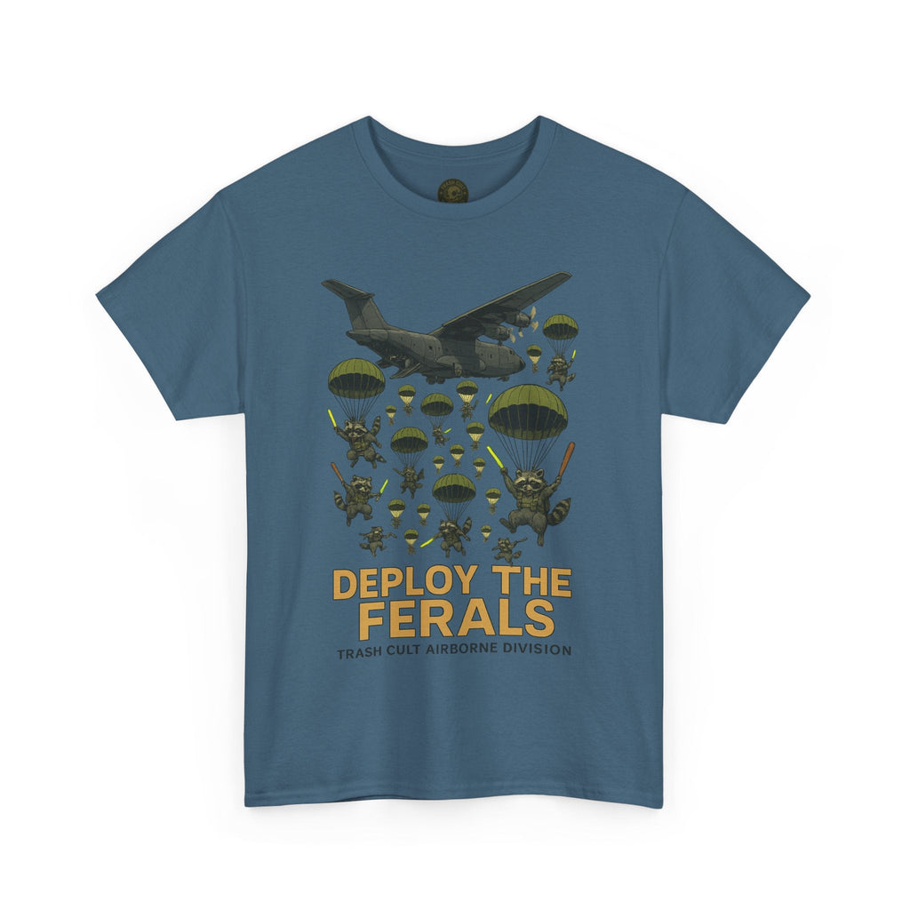 Deploy the Ferals T-Shirt – Airborne Raccoon Drop Graphic | Trash Cult Supply Co. | Gildan 5000 Heavy Cotton Tee