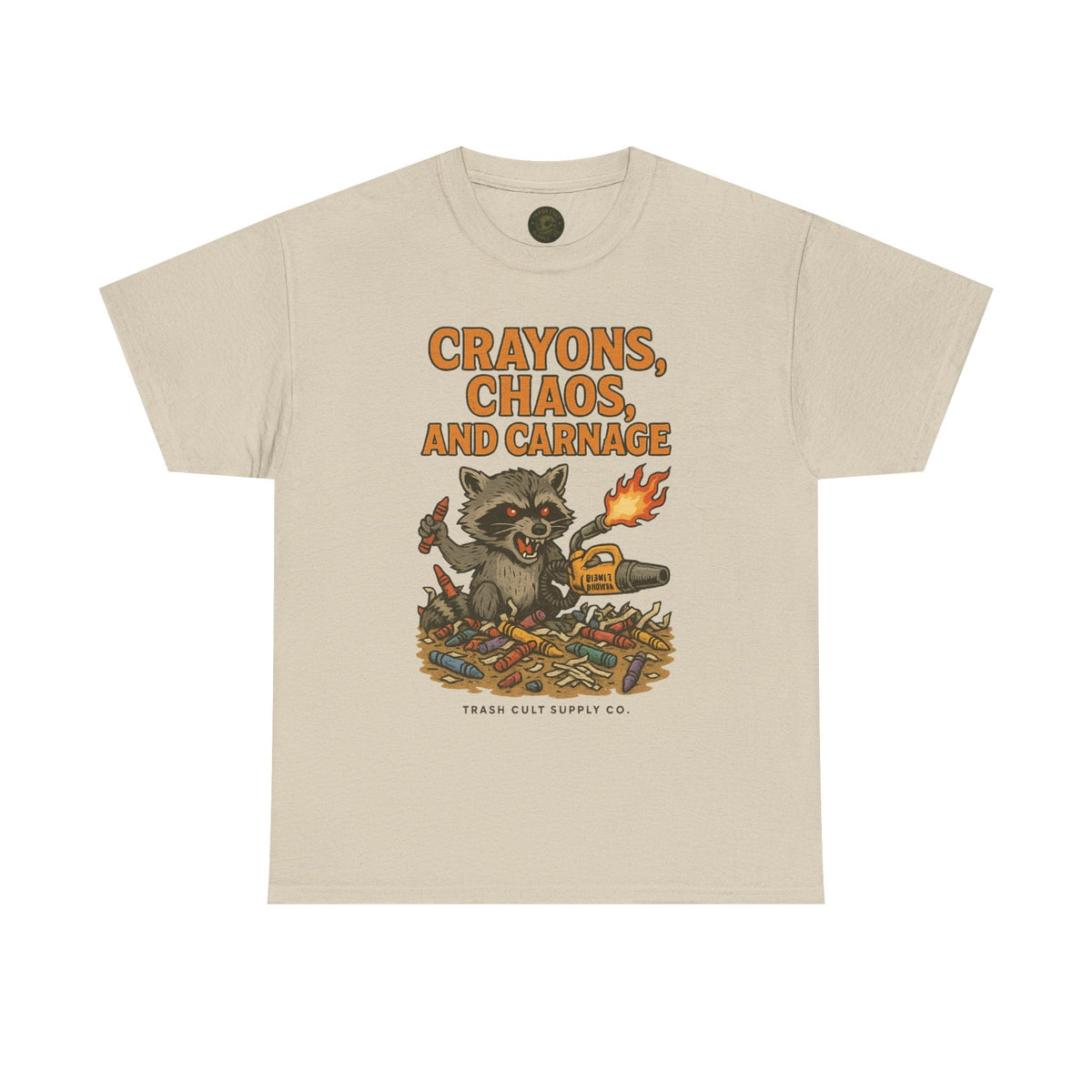 Crayons, Chaos, and Carnage T-Shirt – Dark Humor Raccoon Graphic | Trash Cult Supply Co. | Gildan 5000 Tee