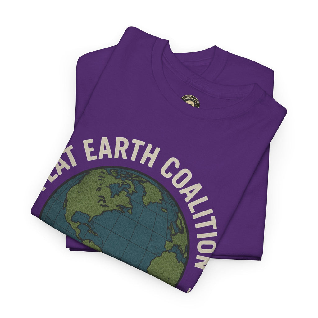 Flat Earth Coalition Funny Globe Parody Shirt – “Members From Around the Globe” Tee – Satirical Conspiracy Theory Humor Tee
