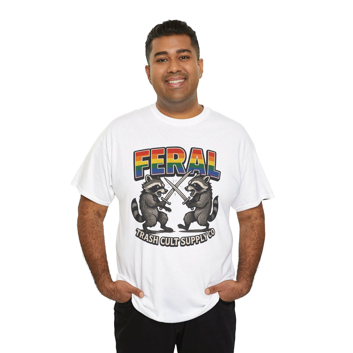 FERAL Rainbow Raccoon Sword Fighting Graphic Tee – Gildan 5000 Heavy Cotton