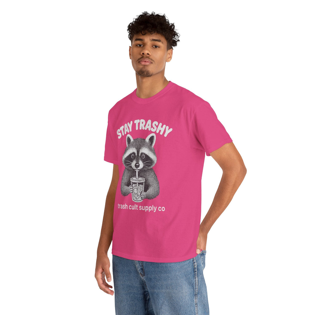 Stay Trashy Raccoon Iced Coffee Shirt – Halftone All White Design | Trash Cult Supply Co.