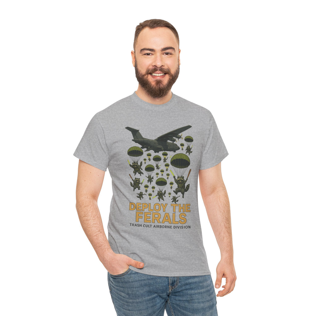 Deploy the Ferals T-Shirt – Airborne Raccoon Drop Graphic | Trash Cult Supply Co. | Gildan 5000 Heavy Cotton Tee