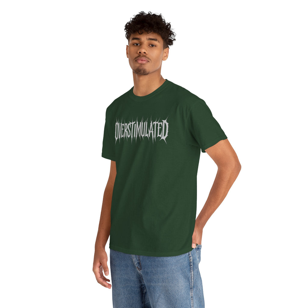 OVERSTIMULATED Metalcore Grunge Shirt – White on Black Distressed Font Tee