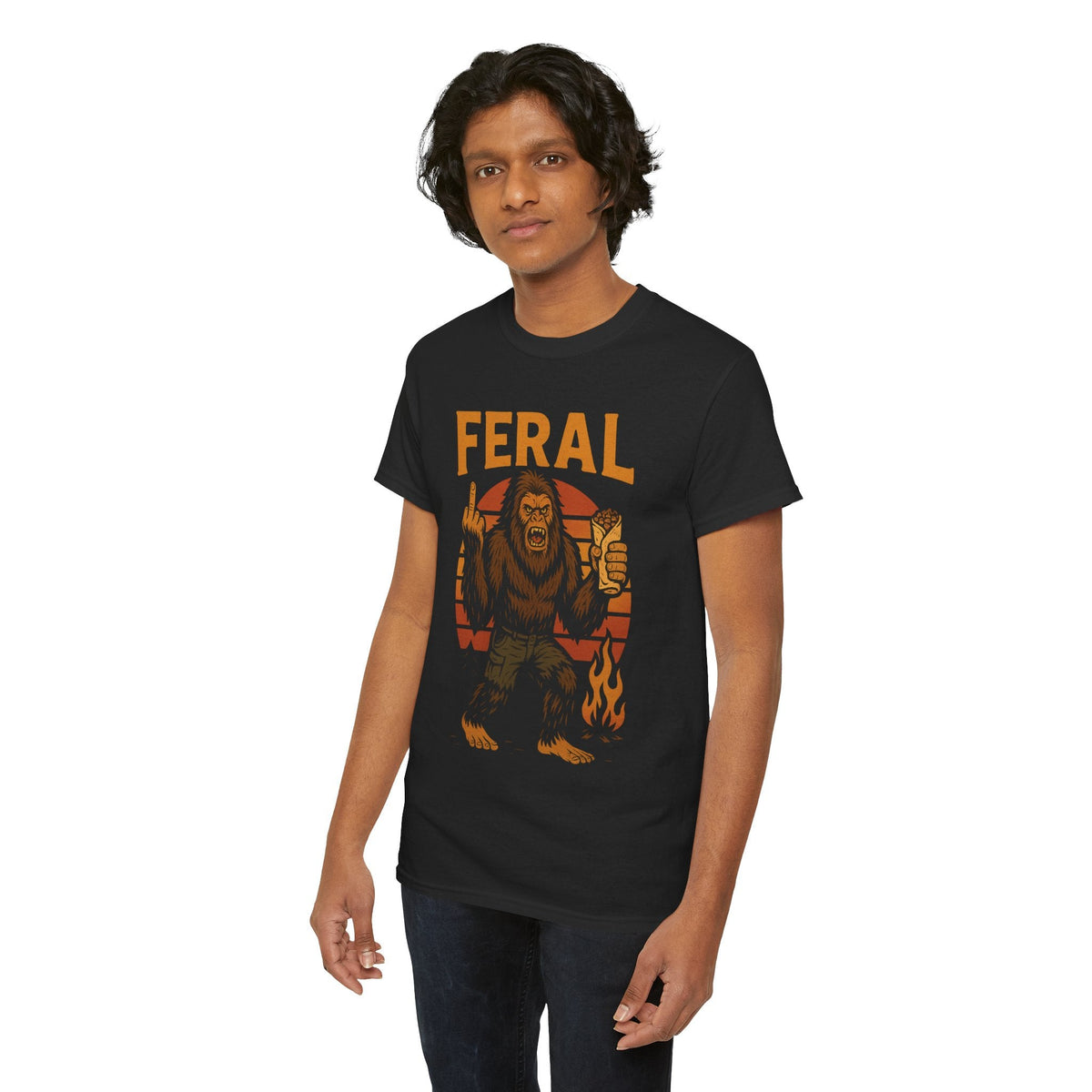 FERAL Bigfoot T-Shirt – Retro Sunset Sasquatch Shirt – Urban Cryptid Aesthetic – Gildan 5000 Tee