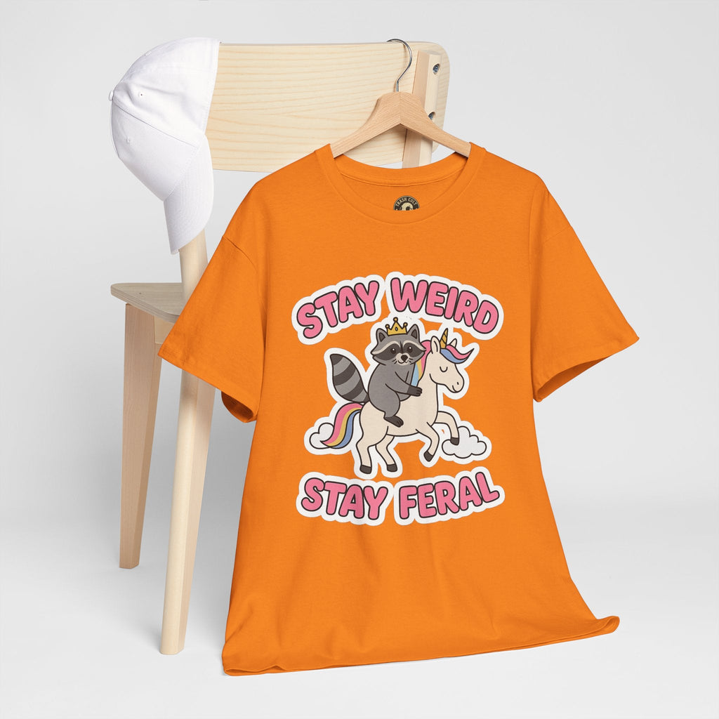 Stay Weird Stay Feral Shirt – Raccoon & Unicorn – High Visibility Gildan 5000 Tee