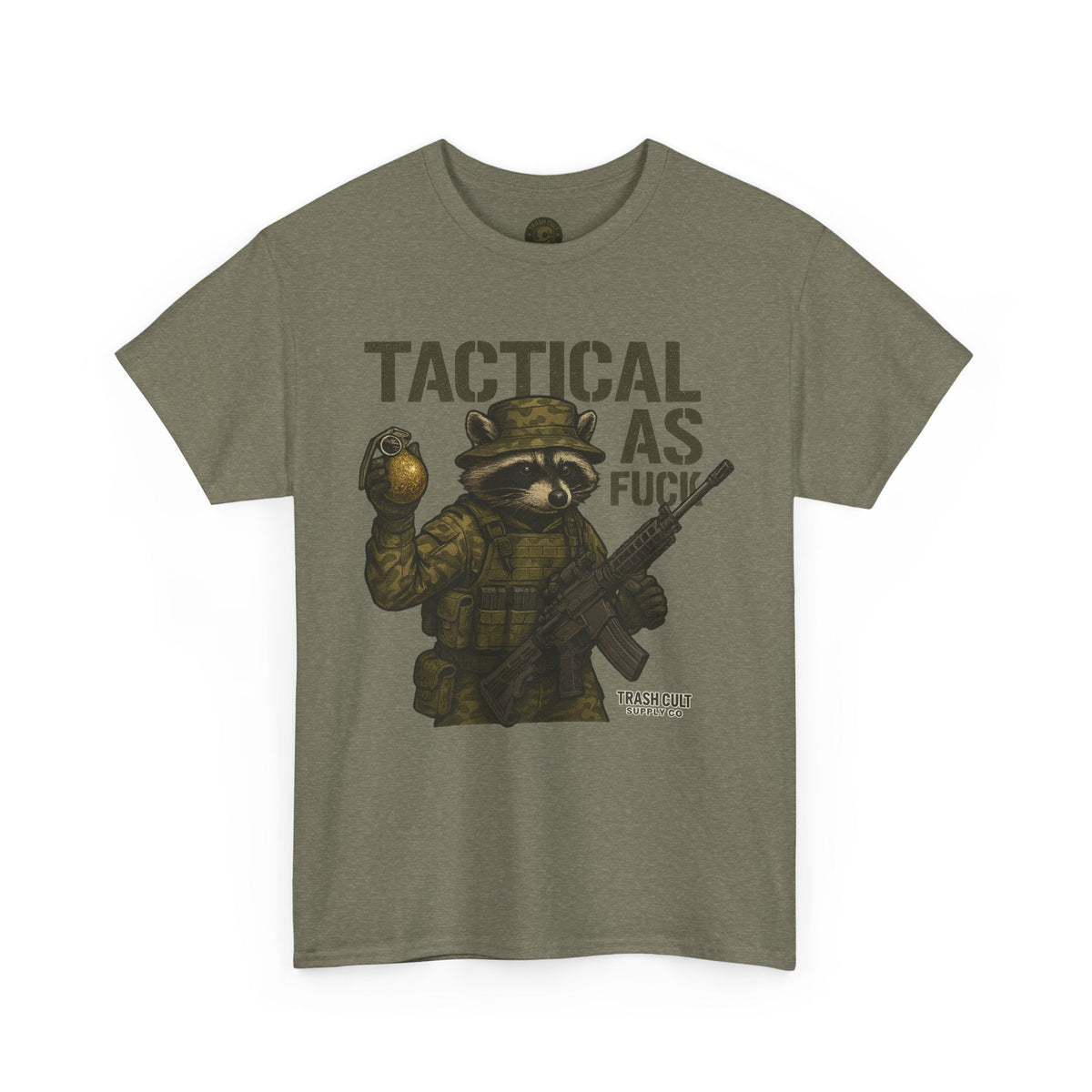 Tactical As F*** T-Shirt – Armed Raccoon Military Humor Tee | Trash Cult Supply Co. | Gildan 5000 Heavy Cotton