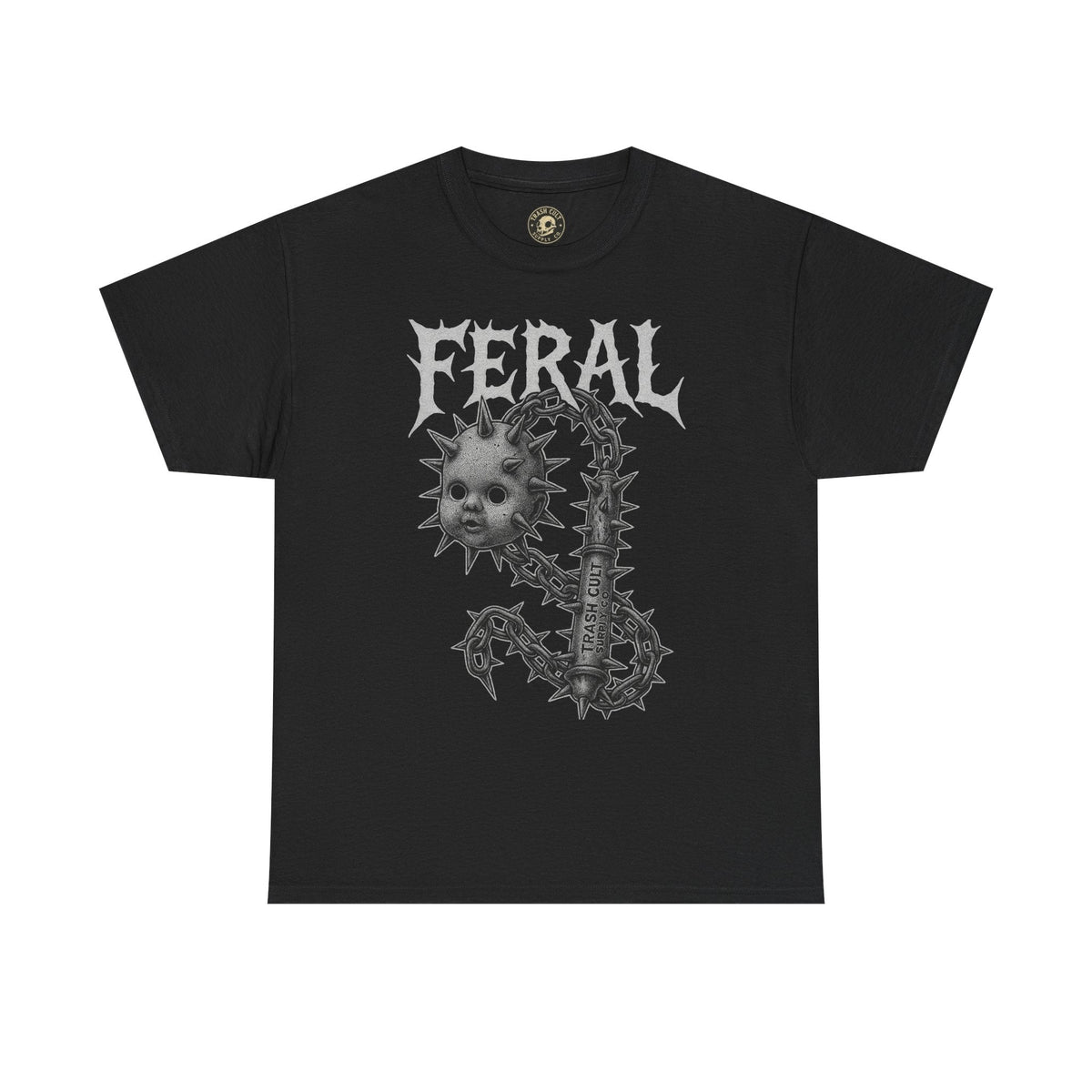 FERAL Spiked Doll Flail Tee – Halftone Gothic Weapon Shirt | Trash Cult Supply Co. | Gildan 5000
