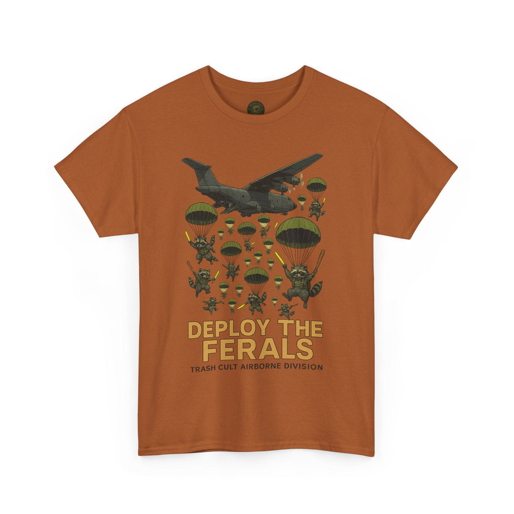 Deploy the Ferals T-Shirt – Airborne Raccoon Drop Graphic | Trash Cult Supply Co. | Gildan 5000 Heavy Cotton Tee