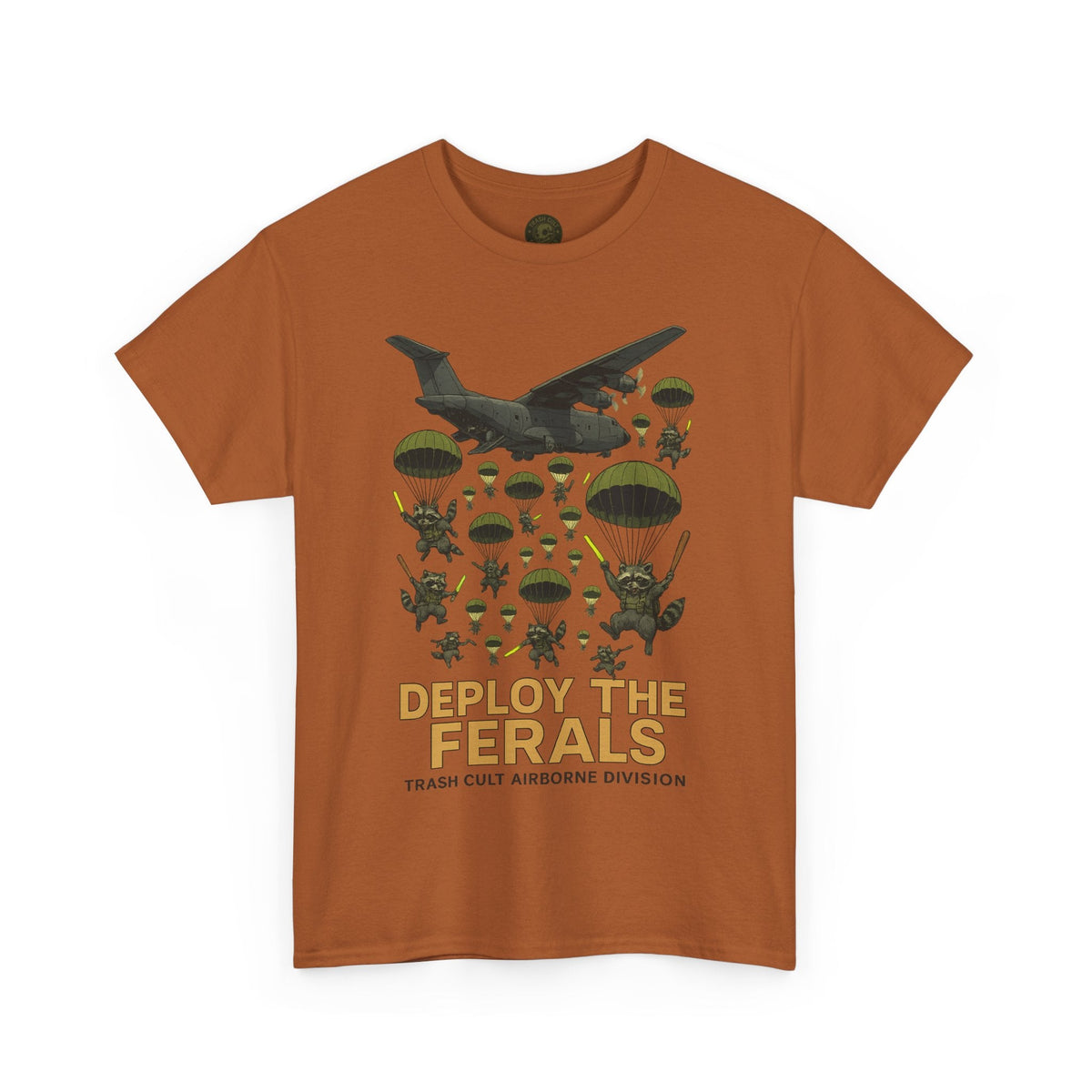 Deploy the Ferals T-Shirt – Airborne Raccoon Drop Graphic | Trash Cult Supply Co. | Gildan 5000 Heavy Cotton Tee