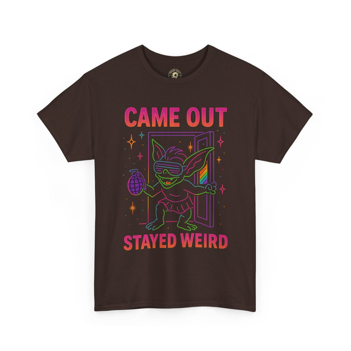 Came Out, Stayed Weird – Neon Gremlin Pride T-Shirt | Gildan Unisex Heavy Cotton Tee | LGBTQ+ Graphic Shirt