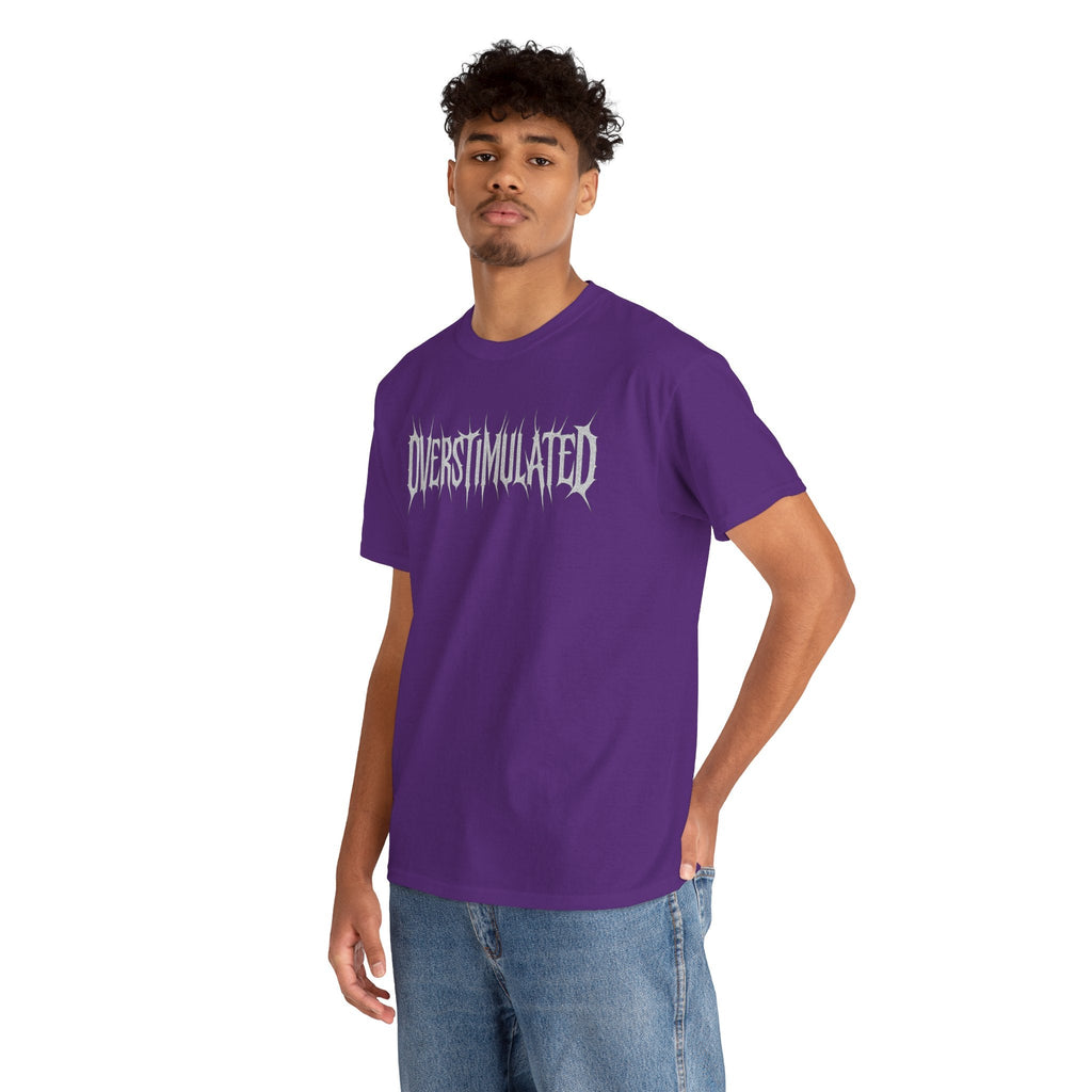 OVERSTIMULATED Metalcore Grunge Shirt – White on Black Distressed Font Tee