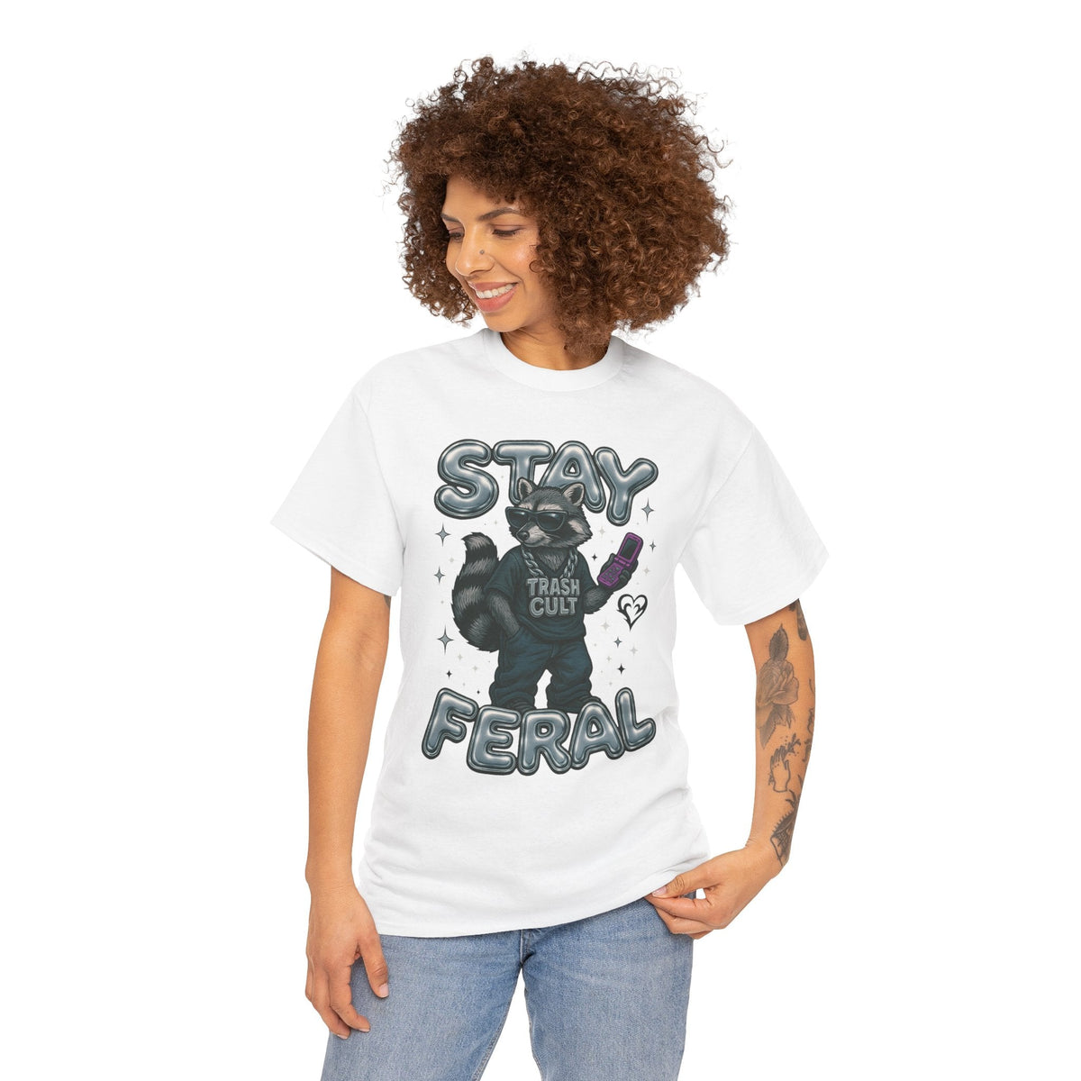 Stay Feral Chrome Raccoon Tee – Y2K Streetwear Trash Cult Shirt