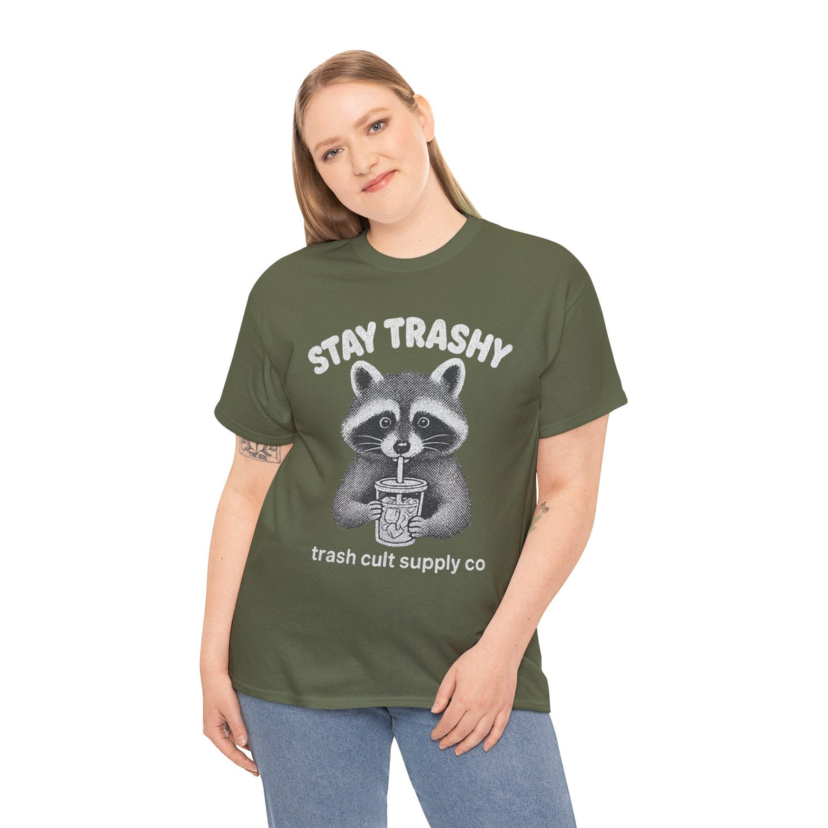Stay Trashy Raccoon Iced Coffee Shirt – Halftone All White Design | Trash Cult Supply Co.
