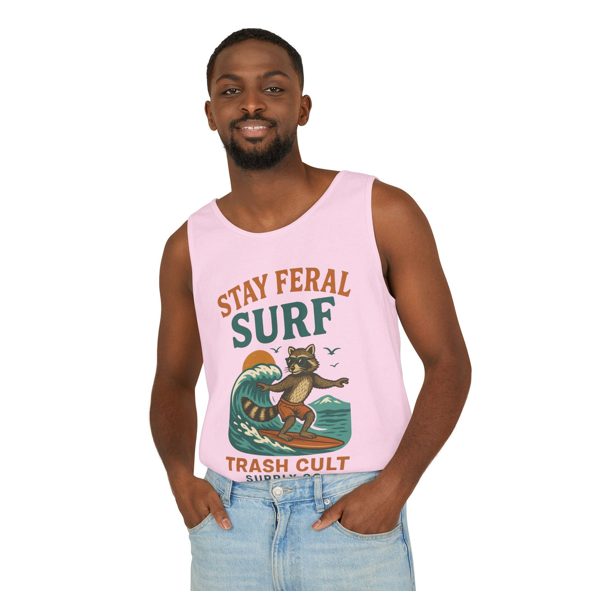 Stay Feral Surf Tank Top – Retro Raccoon Beach Tank – Trash Cult Supply Co – Comfort Colors 9360