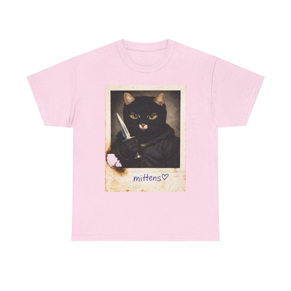 Cat With Knife Tee — "Mittens" Dark Humor Vintage Polaroid Graphic T-Shirt