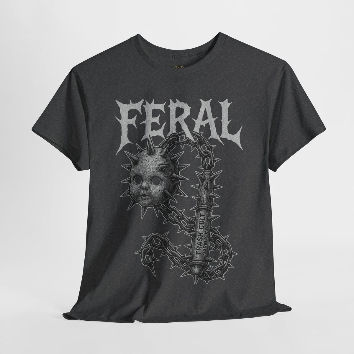 FERAL Spiked Doll Flail Tee – Halftone Gothic Weapon Shirt | Trash Cult Supply Co. | Gildan 5000