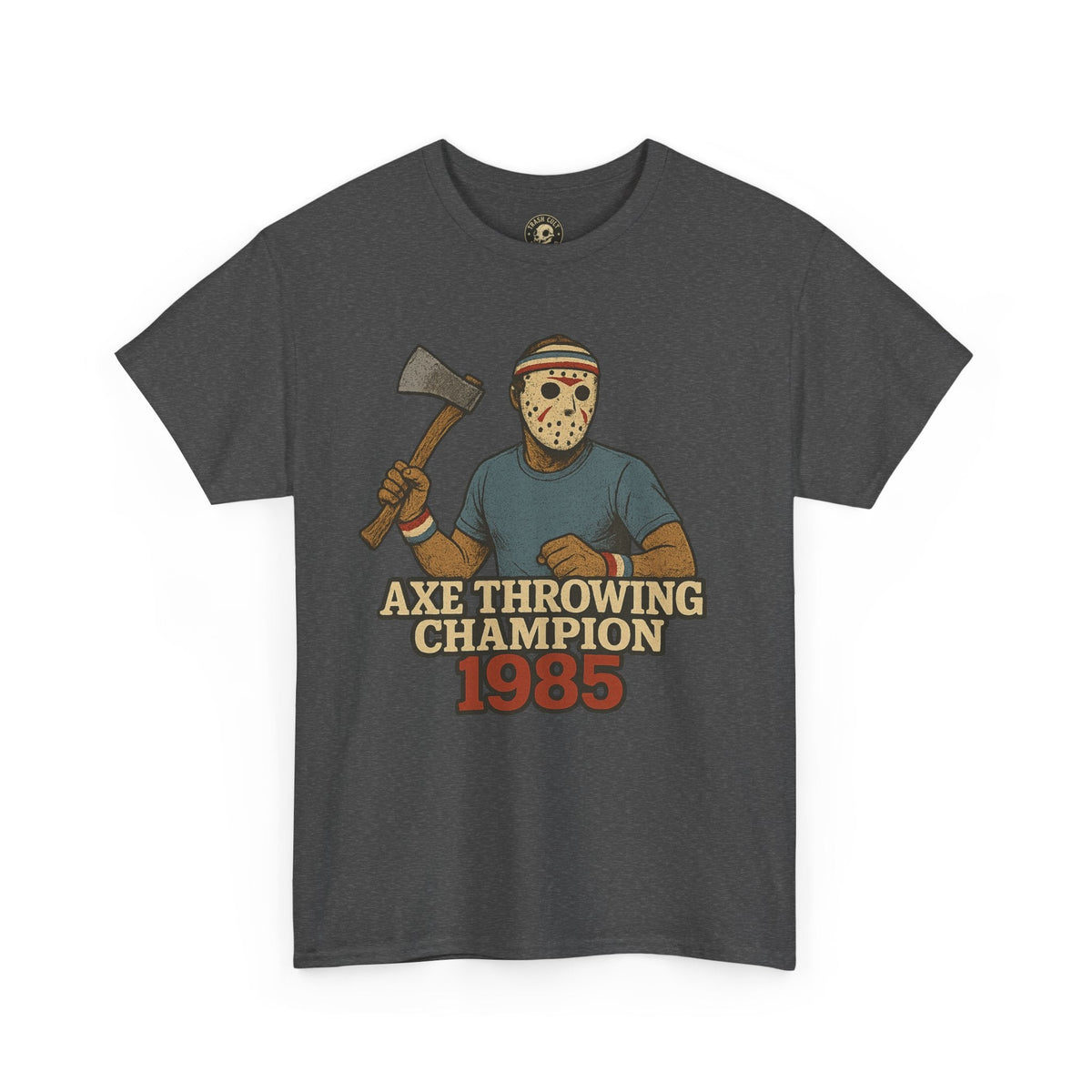 Jason Voorhees Axe Throwing Champion 1985 T-Shirt – Retro Slasher Workout Parody | Gildan 5000 Tee
