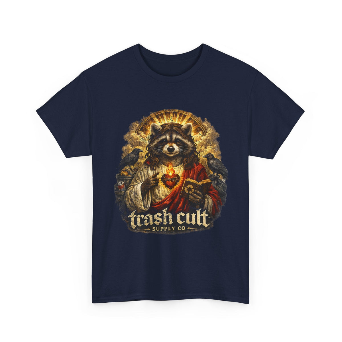 Raccoon Saint Graphic Tee — “Trash Cult” Vintage Devotional Design