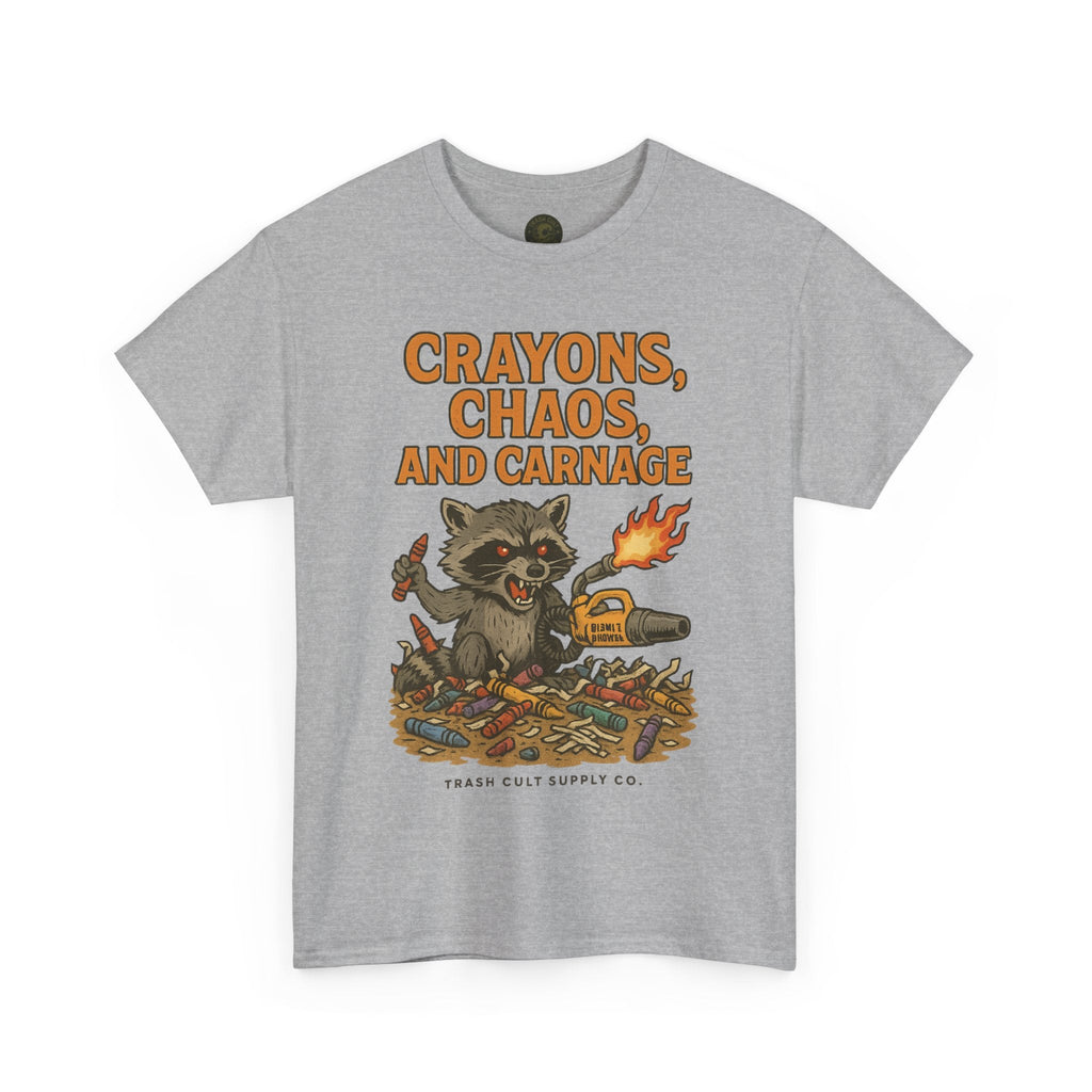 Crayons, Chaos, and Carnage T-Shirt – Dark Humor Raccoon Graphic | Trash Cult Supply Co. | Gildan 5000 Tee