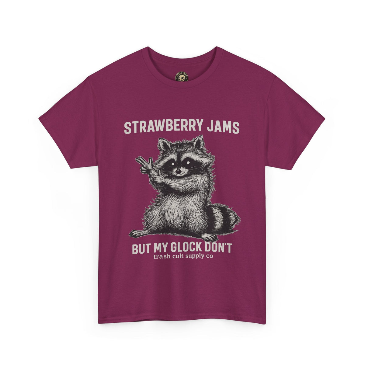 Strawberry Jams But My Glock Don’t Raccoon Shirt – Trash Cult Supply Co. Gildan 5000 Tee