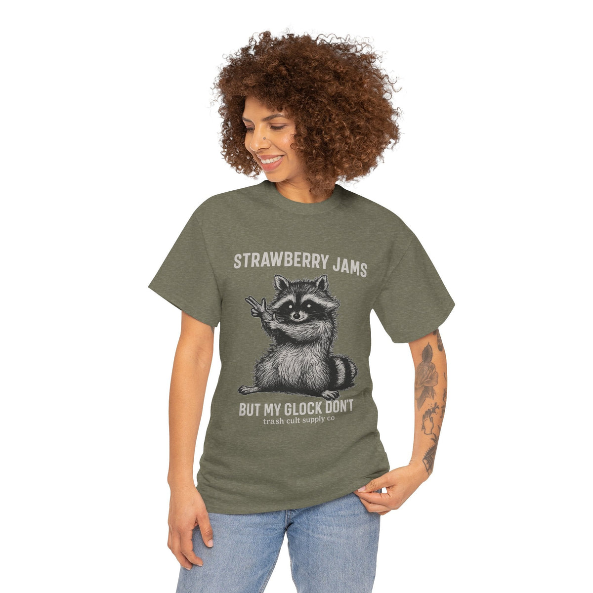 Strawberry Jams But My Glock Don’t Raccoon Shirt – Trash Cult Supply Co. Gildan 5000 Tee