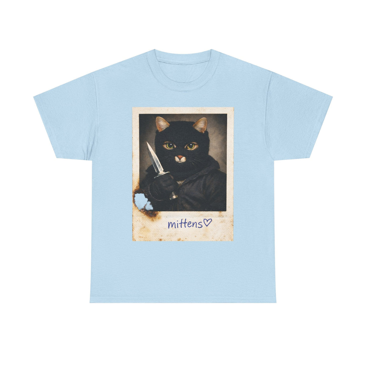 Cat With Knife Tee — "Mittens" Dark Humor Vintage Polaroid Graphic T-Shirt