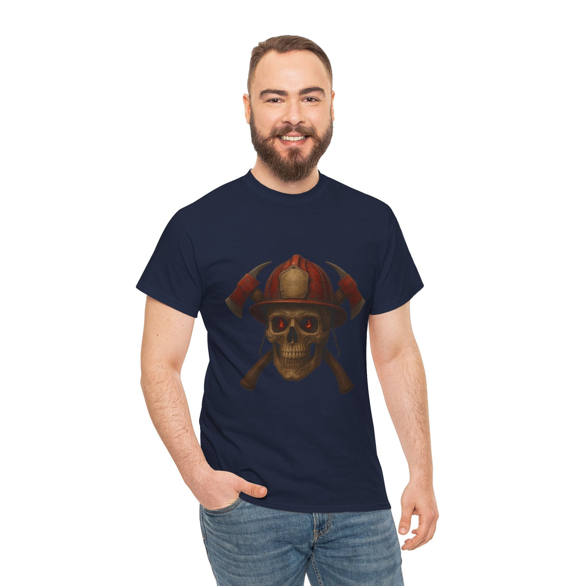 Skull Firefighter Tee, Unisex Heavy Cotton Shirt, Firefighter Gift, Halloween Costume T-Shirt, Unique Graphic Tee, Casual Wear
