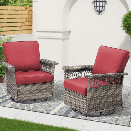 2 Piece Swivel Rocker Patio Chairs Set with 5-Inch Armrest and Thick Cushion, Gray/Red